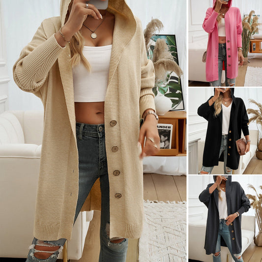 Strukturierte lange Strickjacke mit Kapuze für Damen