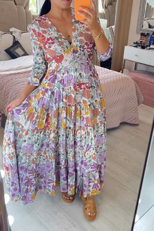 Langes lässiges Kleid mit Blumenmuster und V-Ausschnitt für Damen