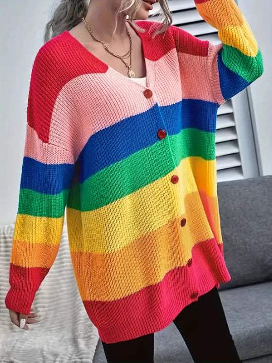 Gemütliche lockere Regenbogen-Strickjacke für Damen