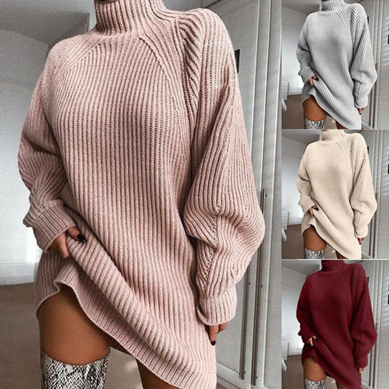 Gemütlicher Warmer Lockerer Pullover mit langen Ärmeln und hohen Kragen für Frauen | Rose