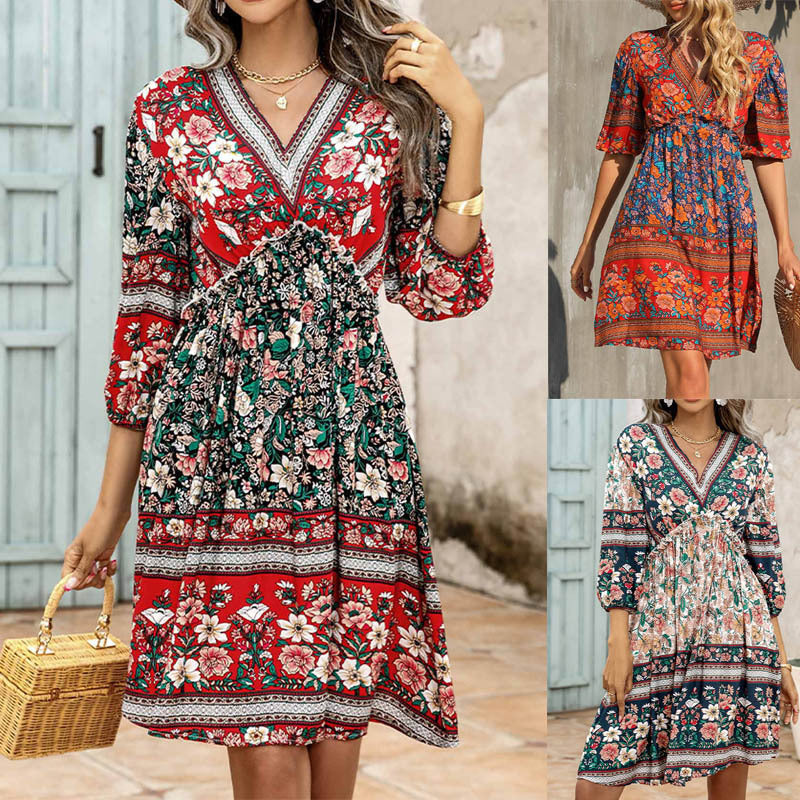 Elegantes Kurzarm Kleid mit V-Ausschnitt und Vintage-Print – Luftig und Stilvoll für Damen