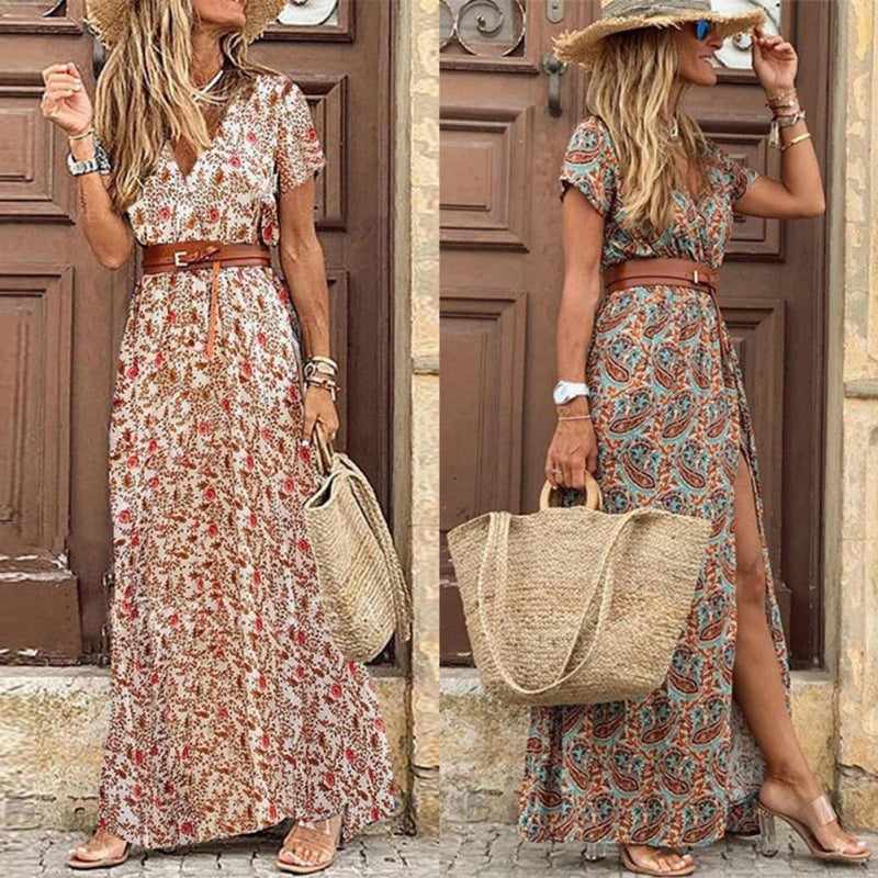 Strand-Maxikleid mit V-Ausschnitt, Boho-Muster und Taillengürtel für Damen