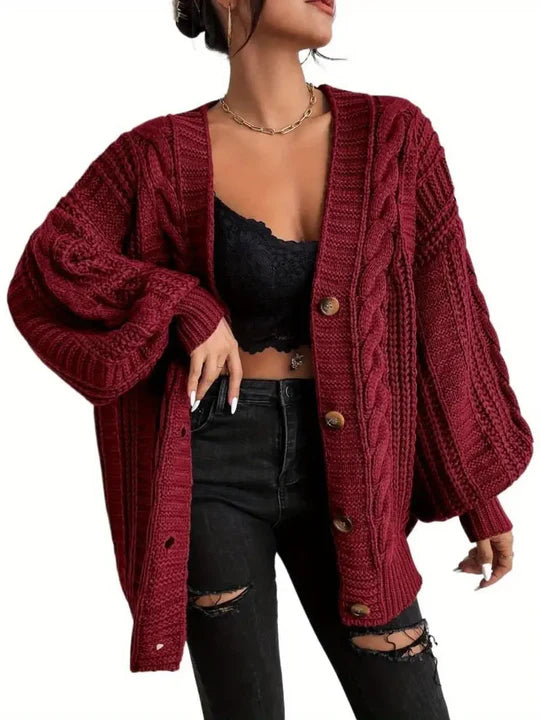 Gemütlicher Zopfmuster-Cardigan mit lockeren Ärmeln für Damen