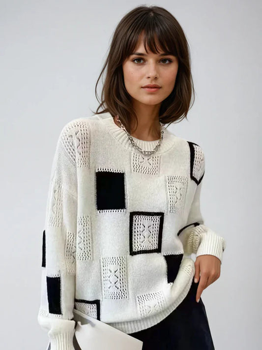 Trendiger Damen-Strickpullover mit geometrischem Patchwork