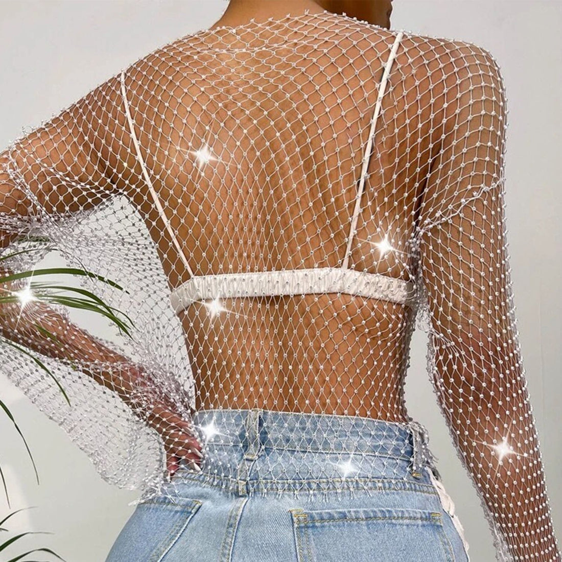 Transparentes Mesh-Crop-Top mit Strasssteinen für Damen – Glamouröser & Verführerischer Look