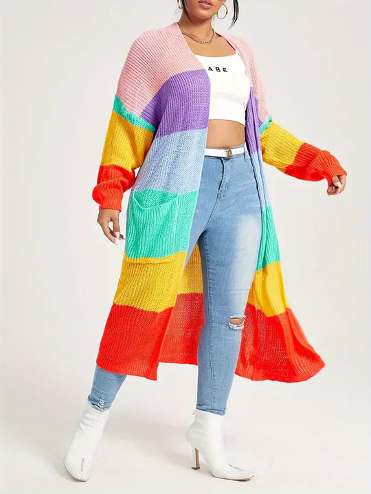 Gemütliche lange Regenbogen Strickjacke mit offener Vorderseite für Damen