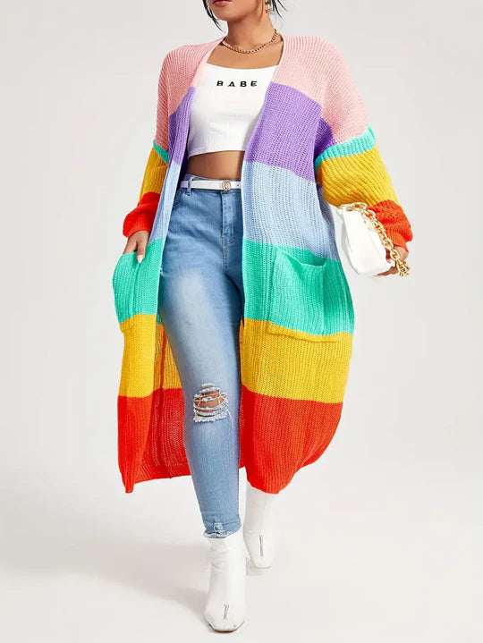 Gemütliche lange Regenbogen Strickjacke mit offener Vorderseite für Damen