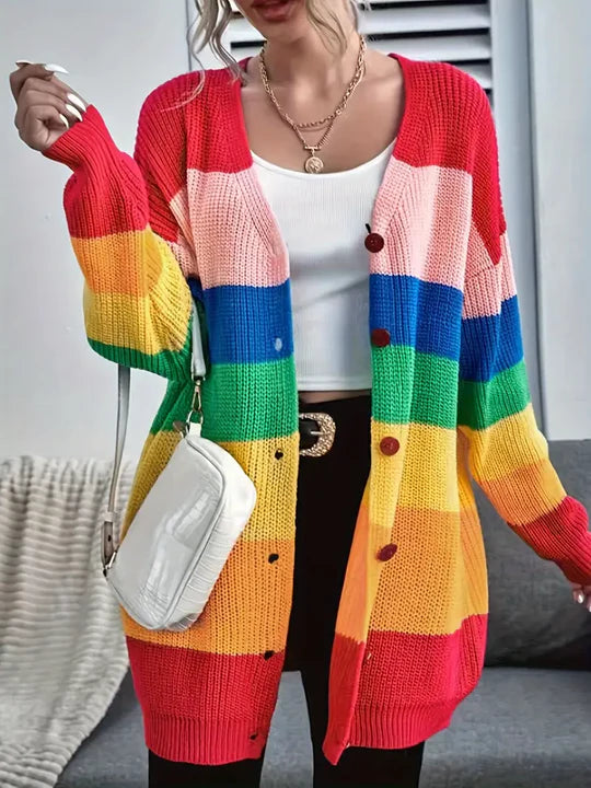 Gemütliche lockere Regenbogen-Strickjacke für Damen