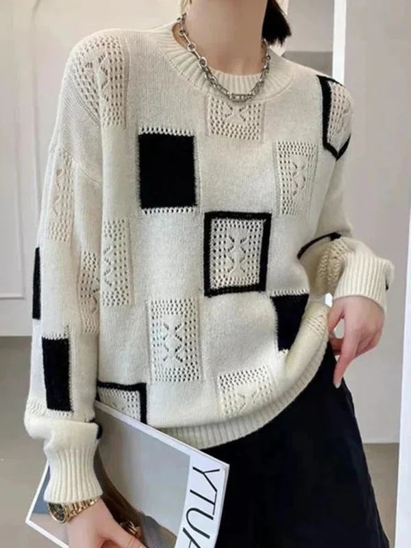 Trendiger Damen-Strickpullover mit geometrischem Patchwork