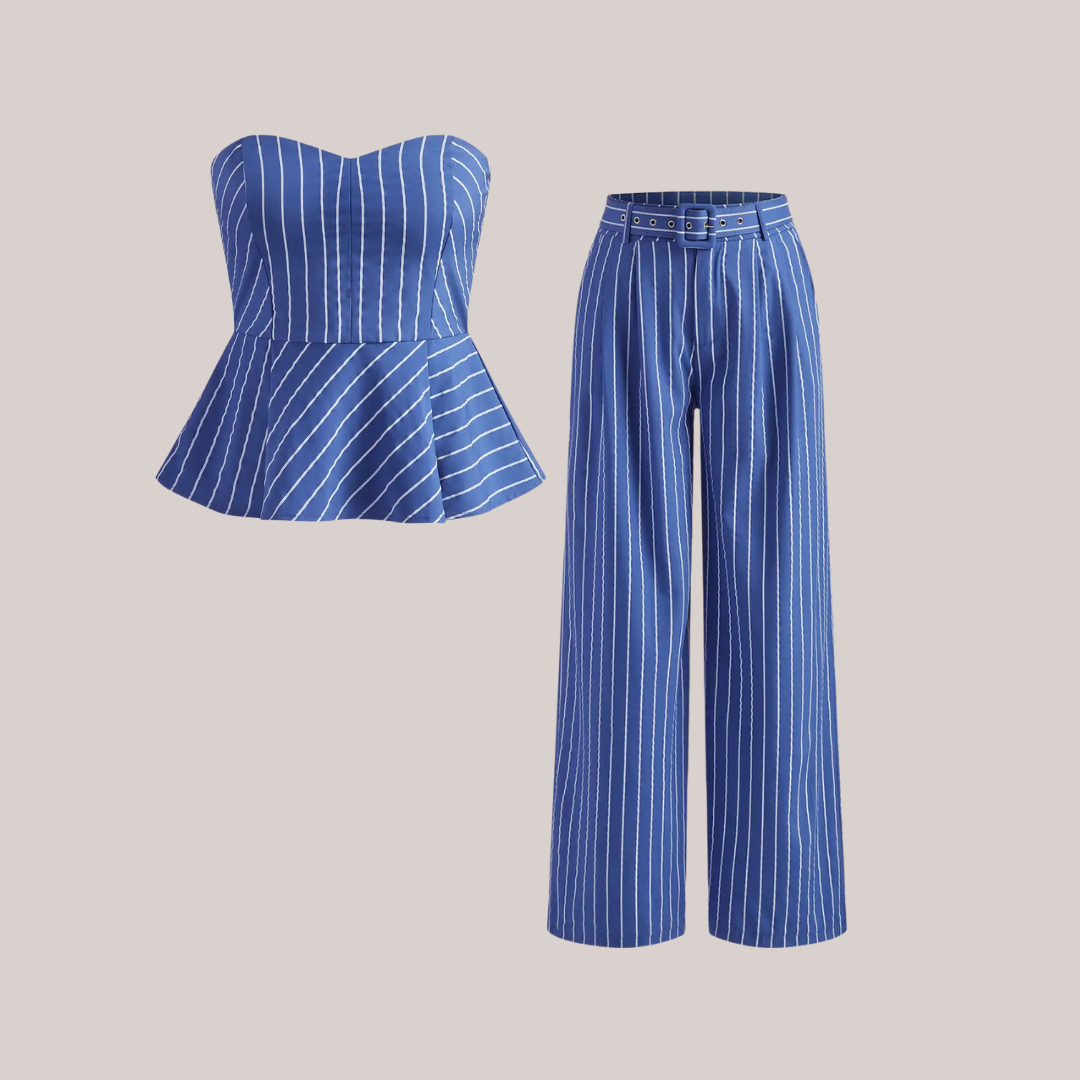 Modisches Gestreiftes Zweiteiliges Set mit Bandeau-Top und Slim-Fit-Hose in Blau für Damen