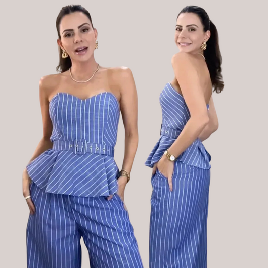 Modisches Gestreiftes Zweiteiliges Set mit Bandeau-Top und Slim-Fit-Hose in Blau für Damen