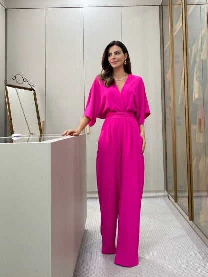 Eleganter Jumpsuit mit V-Ausschnitt und Fledermausärmeln für Damen – Modern & Bequem