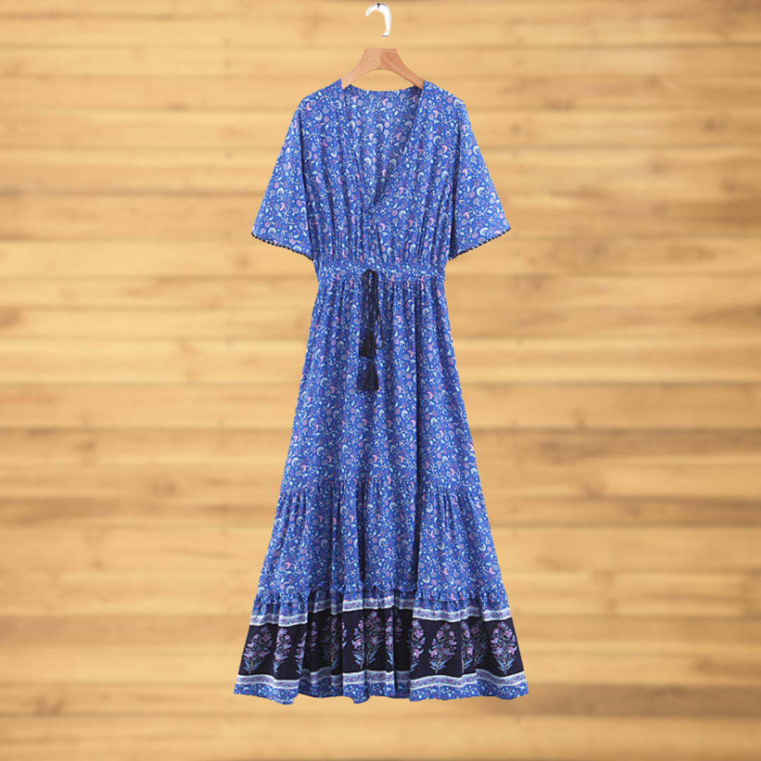 Boho Maxikleid mit V-Ausschnitt, Blumendruck und asymmetrischem Saum für Damen