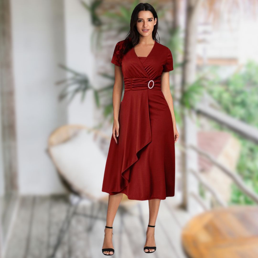 Elegantes Midi-Kleid mit V-Ausschnitt und Taillengürtel für Damen