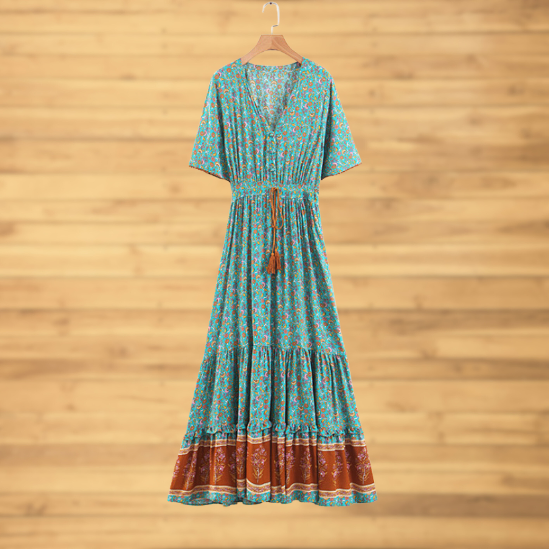 Boho Maxikleid mit V-Ausschnitt, Blumendruck und asymmetrischem Saum für Damen