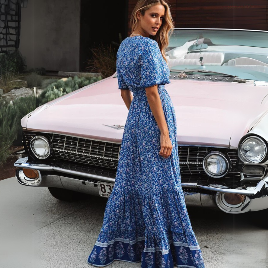 Boho Maxikleid mit V-Ausschnitt, Blumendruck und asymmetrischem Saum für Damen