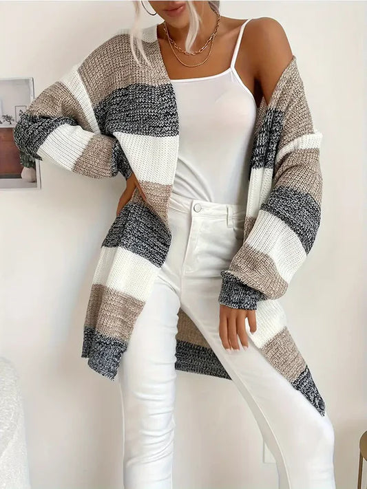 Bequeme lange Strickjacke mit Streifen für Damen