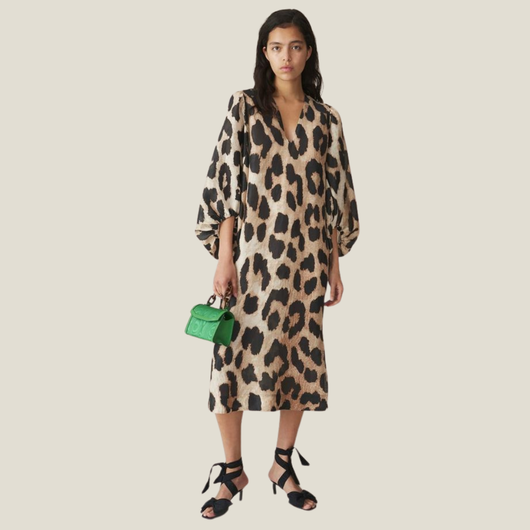 Leopard Print Lockeres Kleid mit V-Ausschnitt und Laternenärmeln – Perfekt für Freizeit und besondere Anlässe