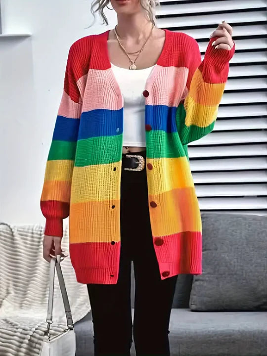 Gemütliche lockere Regenbogen-Strickjacke für Damen