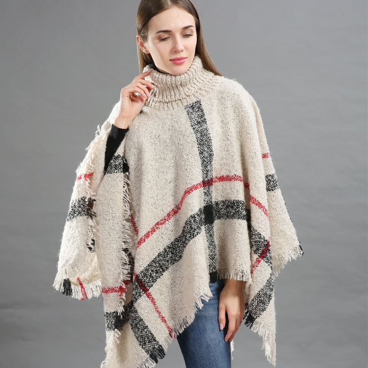 Gemütlicher Poncho-Cardigan mit Rollkragen und Karo-Design für Damen | Lanie