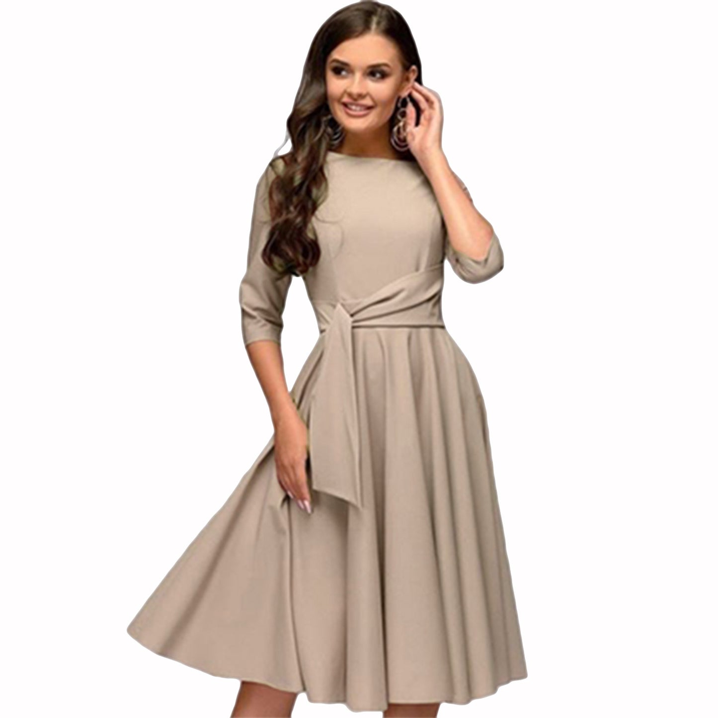 Elegantes Knielanges Swing-Kleid mit Bindegürtel und Halbarm