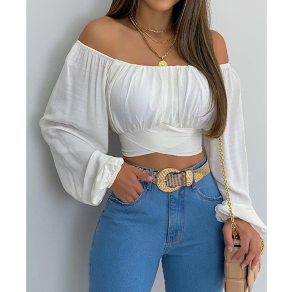 Elegantes Schulterfreies Damen Crop-Top mit lockeren Ärmeln und Figurbetontem Design