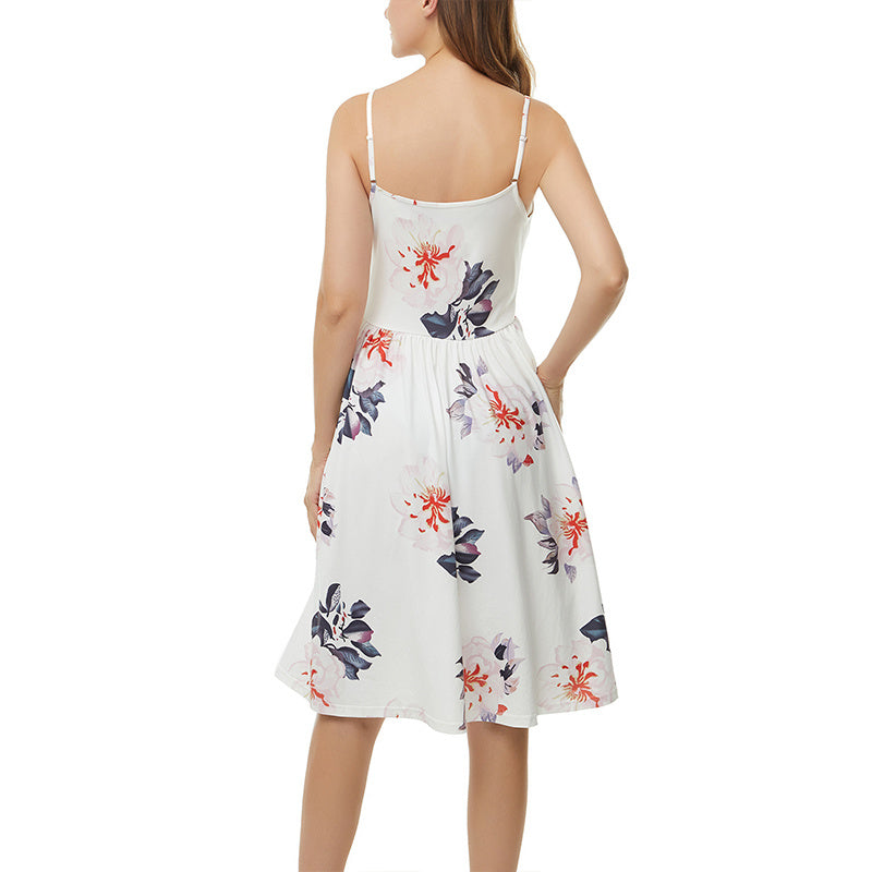 Bequemes Umstandskleid mit Sonnenblumen-Print, Taschen und Trägern für Damen