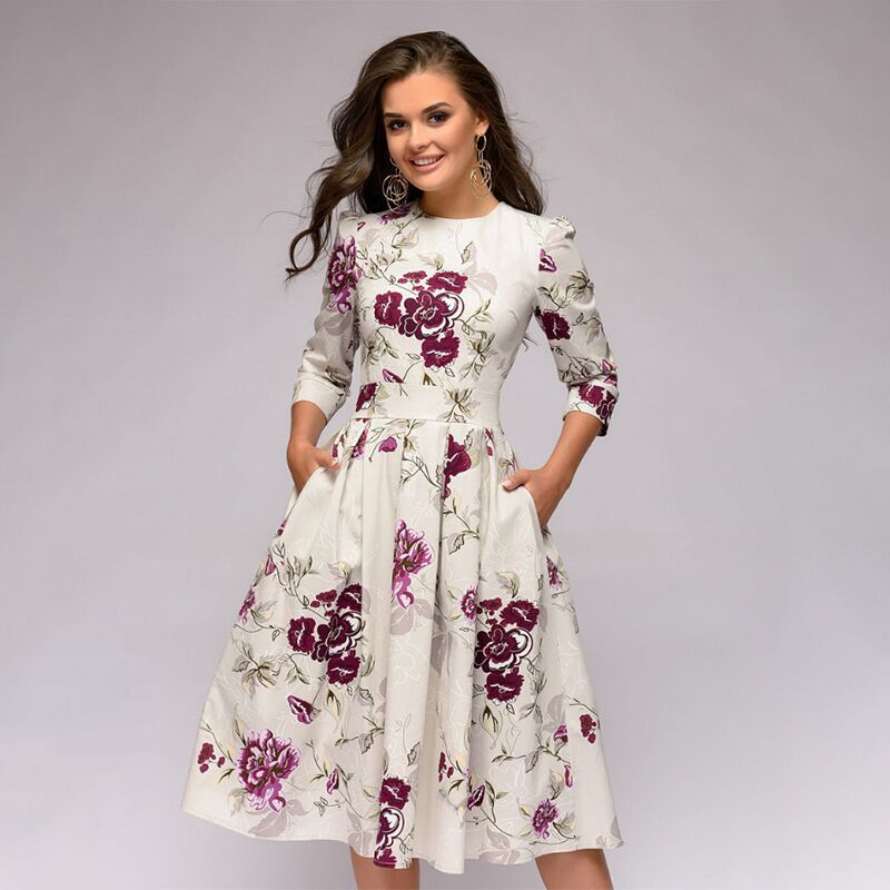 Elegantes Vintage-A-Linien-Kleid mit floralem Muster und 3/4-Ärmeln für Damen