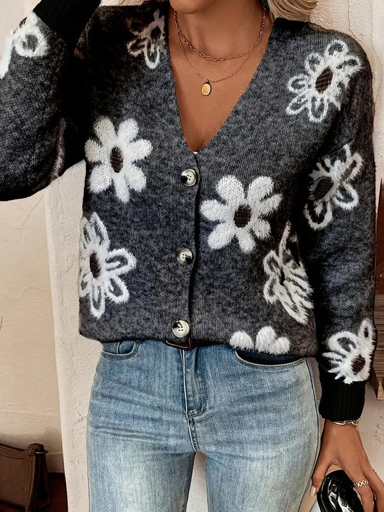 Lässige Strickjacke mit Blumenmuster für Damen