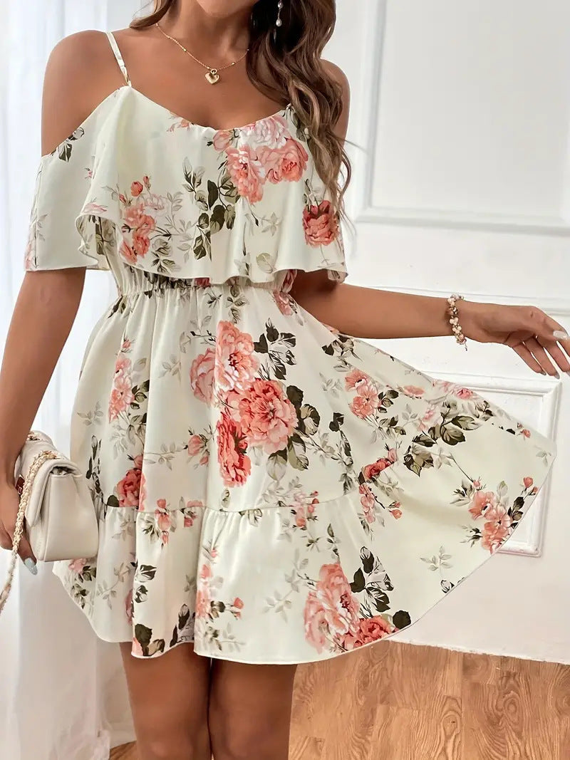 Romantisches Blumen Off-Shoulder-Kleid für Damen mit Taillenschnitt