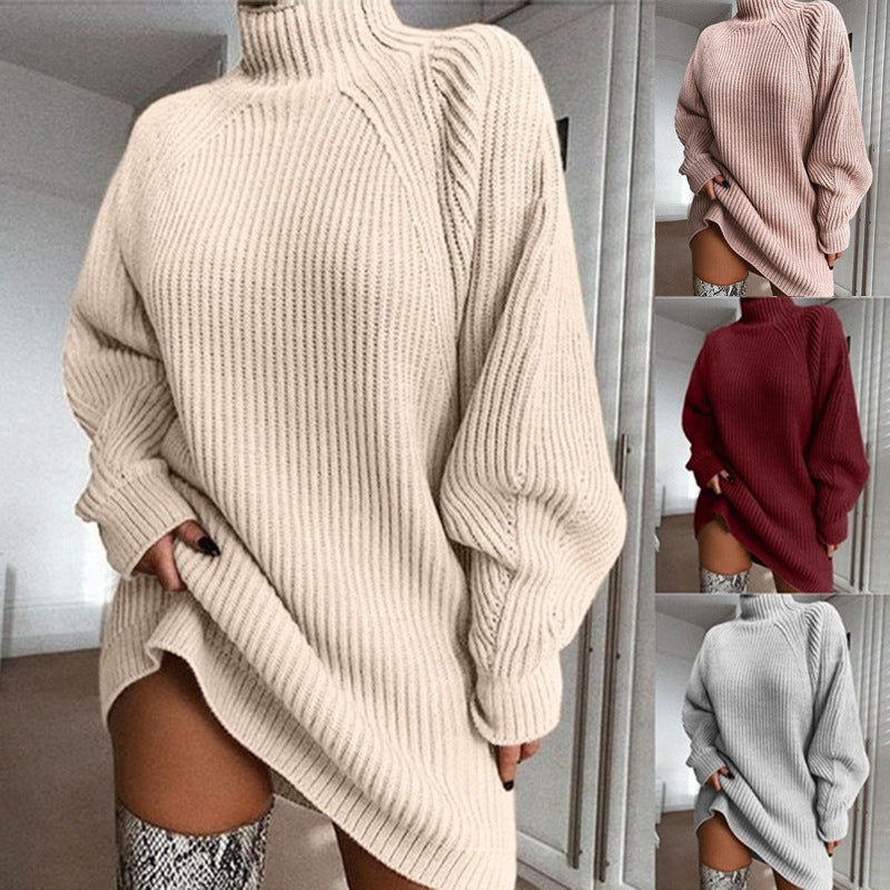 Gemütlicher Warmer Lockerer Pullover mit langen Ärmeln und hohen Kragen für Frauen | Rose