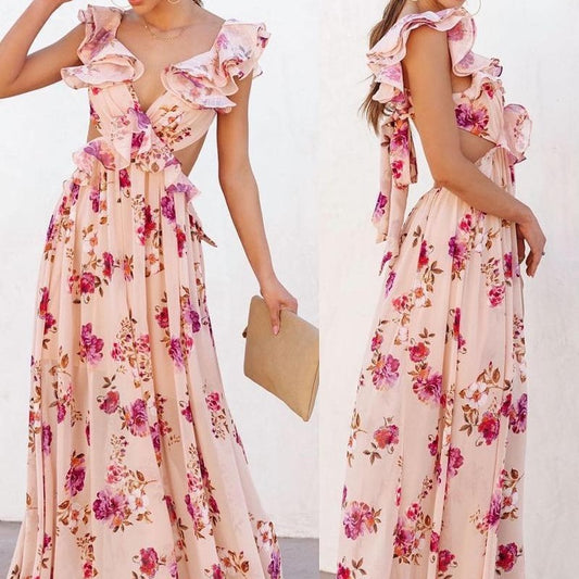 Rückenfreies Rosa Blumenkleid – Luftiges Sommerkleid mit Blumenmuster für Damen