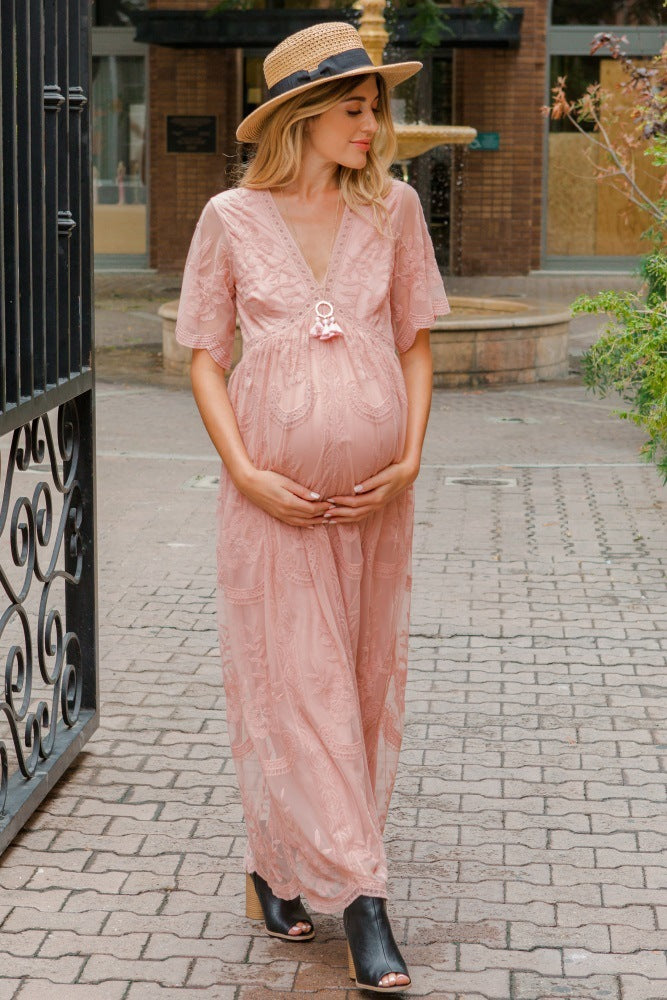 Langes Spitzenkleid für Schwangerschafts-Shootings, Feiern & besondere Anlässe – Elegant und Fließend