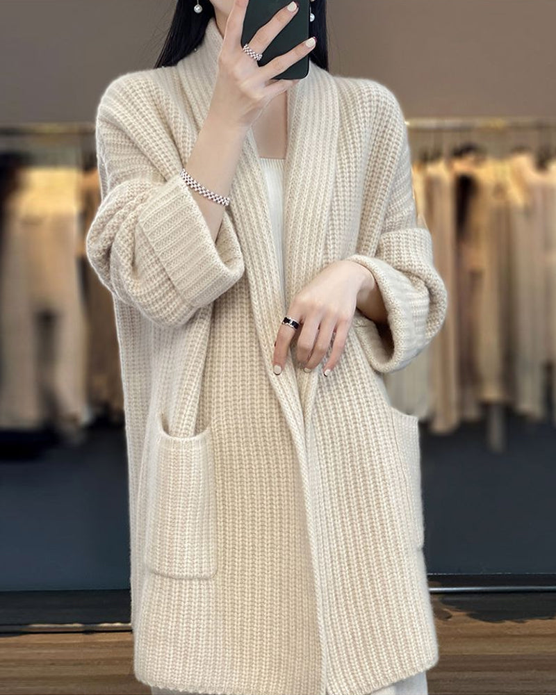 Elegante einfarbige lange Strickjacke mit Taschen für Damen