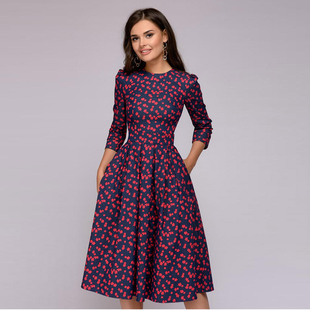 Elegantes Vintage-A-Linien-Kleid mit floralem Muster und 3/4-Ärmeln für Damen