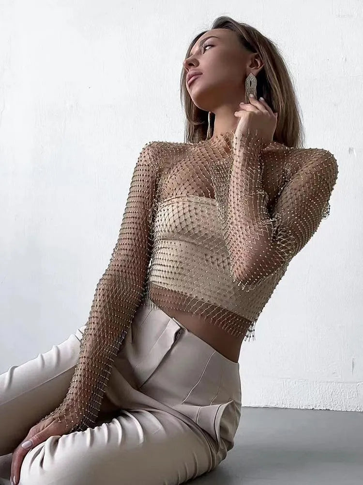 Transparentes Mesh-Crop-Top mit Strasssteinen für Damen – Glamouröser & Verführerischer Look