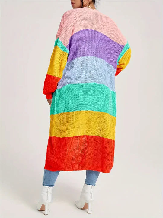 Gemütliche lange Regenbogen Strickjacke mit offener Vorderseite für Damen