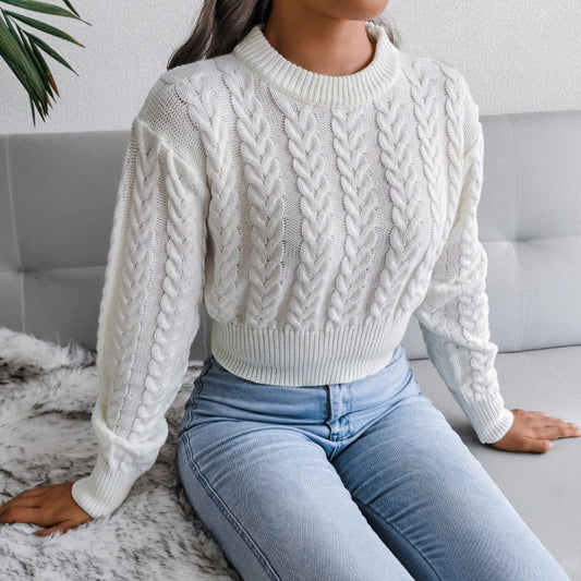 Warmer kurzer Pullover mit Zopfmuster-Ärmeln für Frauen| Layla