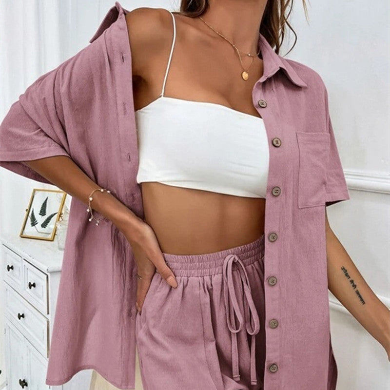 Lässiges zweiteiliges Set mit einfarbigem Hemd und Shorts für Damen – Bequemes Sommer-Outfit