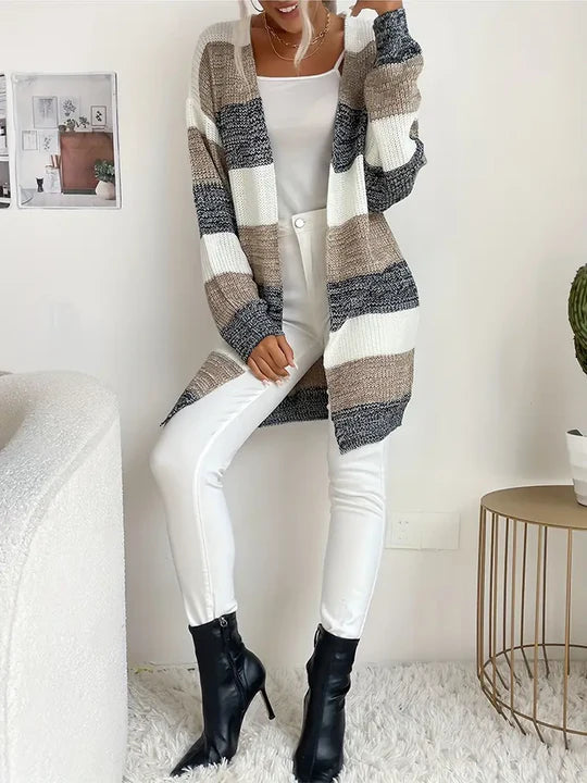 Bequeme lange Strickjacke mit Streifen für Damen