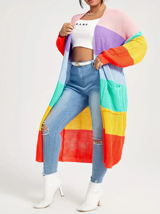 Gemütliche lange Regenbogen Strickjacke mit offener Vorderseite für Damen