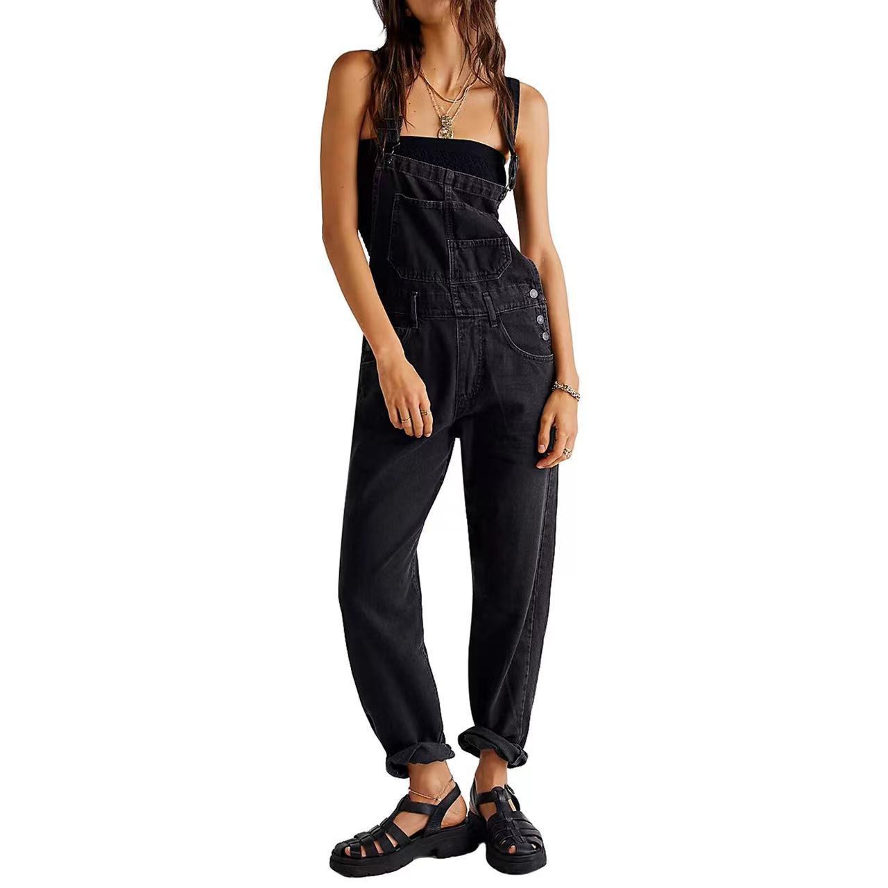 Lässiger weiter Denim-Overall für Damen – Bequemer Jumpsuit im Vintage-Stil mit hoher Taille