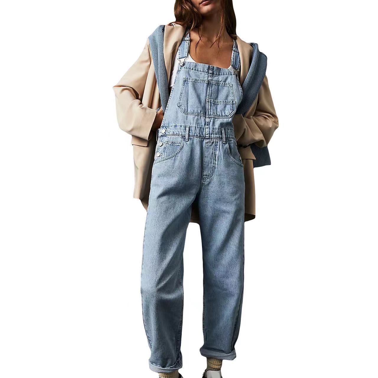 Lässiger weiter Denim-Overall für Damen – Bequemer Jumpsuit im Vintage-Stil mit hoher Taille