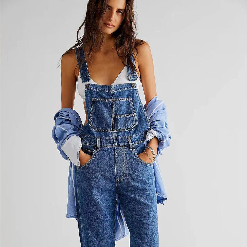 Lässiger weiter Denim-Overall für Damen – Bequemer Jumpsuit im Vintage-Stil mit hoher Taille