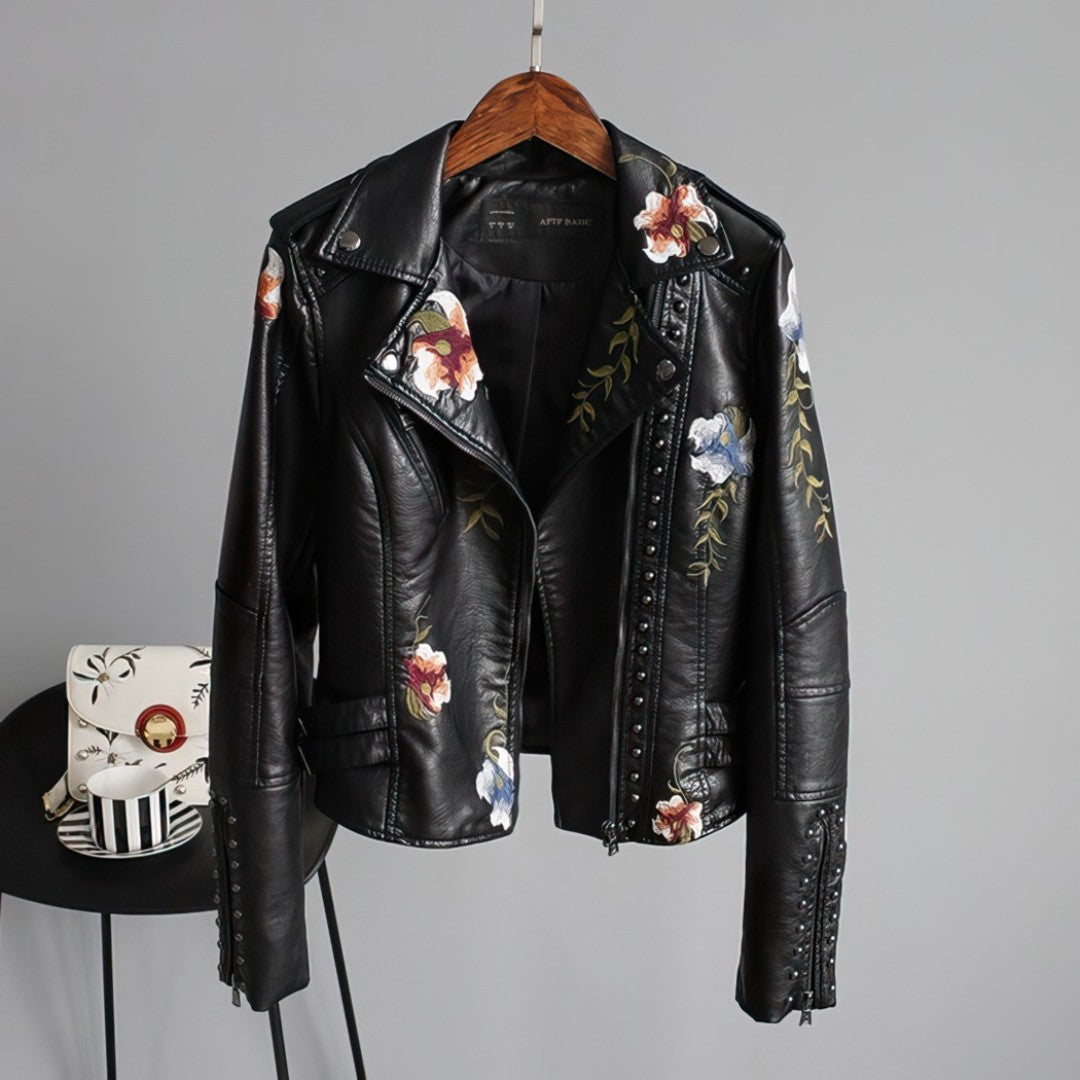 Damen Lederjacke mit Blumenstickerei