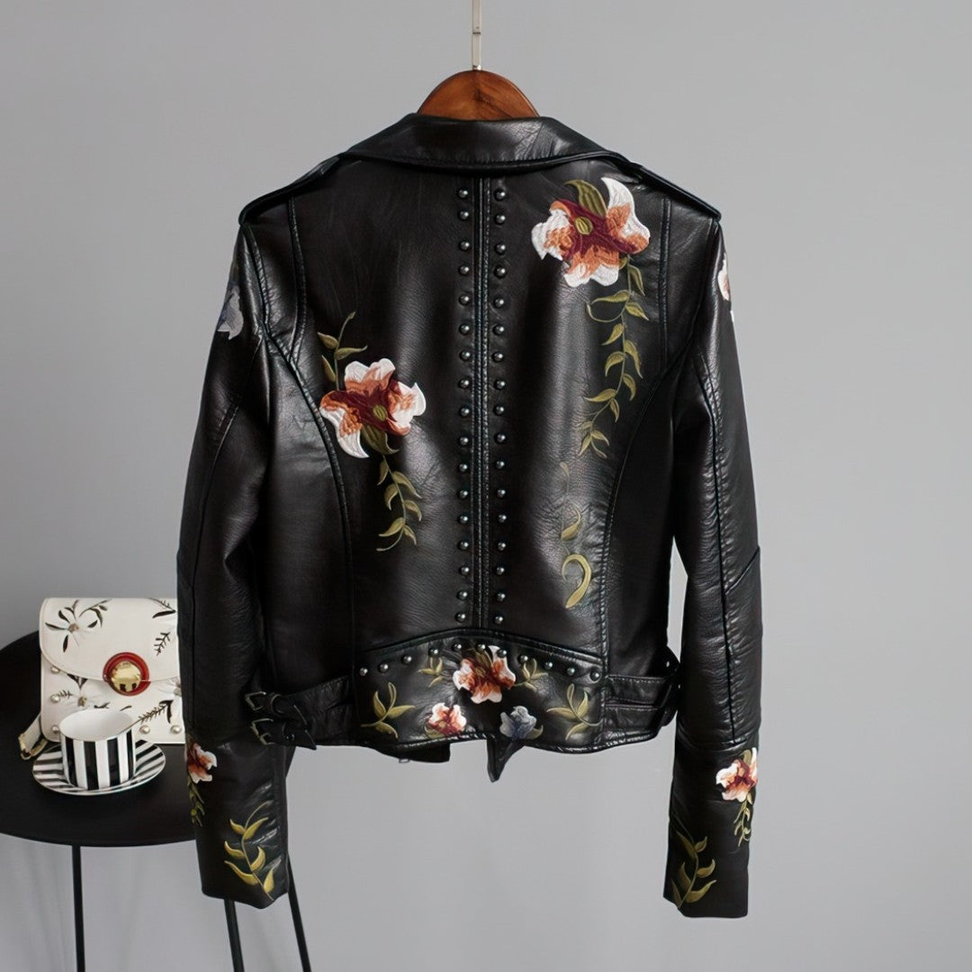 Damen Lederjacke mit Blumenstickerei