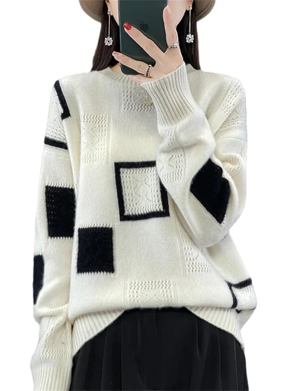 Trendiger Damen-Strickpullover mit geometrischem Patchwork