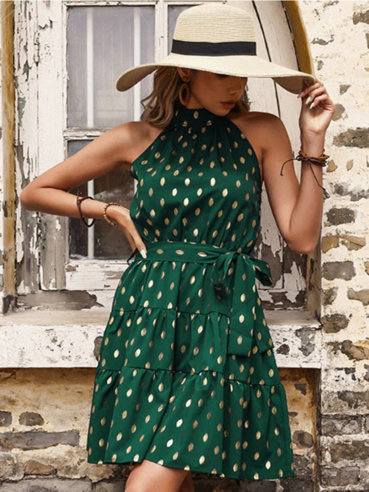 Midi Kleid mit Halterneck  Print & Gürtel  für Damen – Elegantes & luftiges Sommerkleid