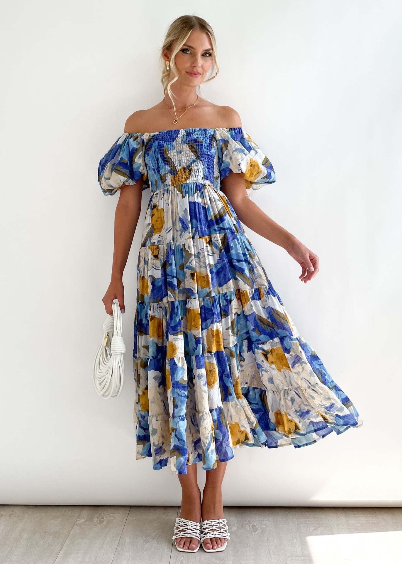 Schulterfreies Midi-Kleid mit floralen Prints  für Damen – Luftiges & feminines