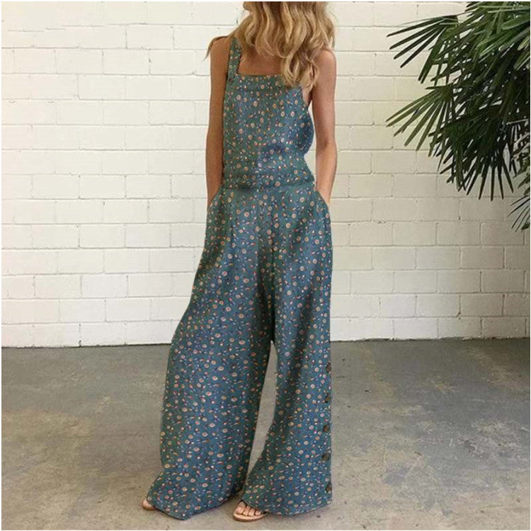 Modischer ärmelloser Jumpsuit mit Blumenmuster und weitem Bein für Damen